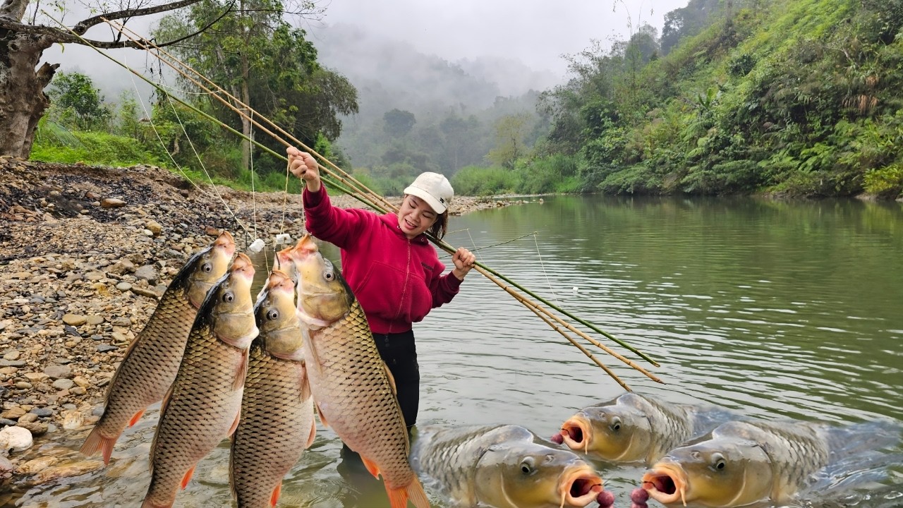 The young girl unexpectedly caught a large carp in the wild stream.