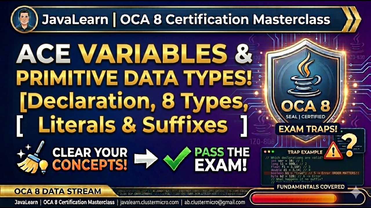 Java OCA 1Z0-808 | 2.2a Variables & Primitive Data Types | Declaration, 8 Types, Literals & Suffixes