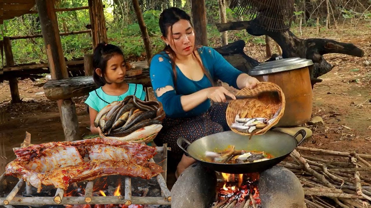 Cooking fish and ell spicy tasty delicious & Grilled pork rib with chili salt eating delicious