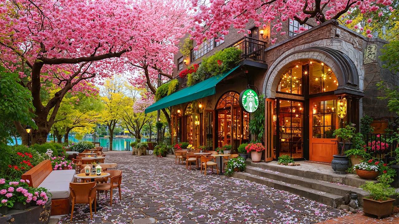 【2月最新】街角のカフェ- 春の息吹を感じる絶景スタバ 🌸 満開の桜並木で聴くスタバジャズ ☕️ 心地よい屋外アンビエント | 集中力・作業用・癒やし