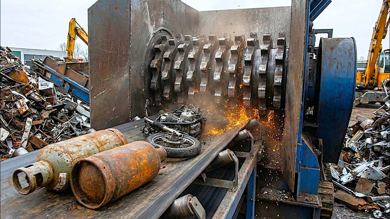 Gas Cylinder, Motorcycle inside Giant Landscape Shredder! Extreme Shredding Experiments 