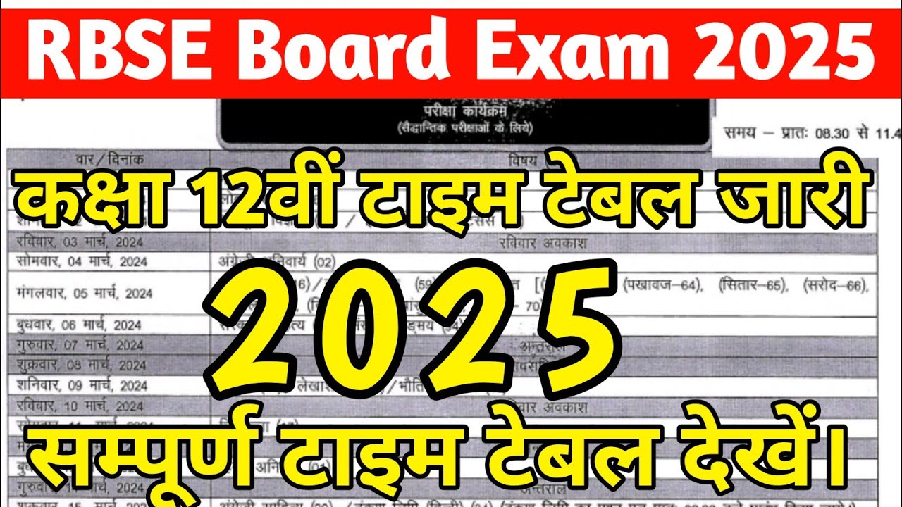 RBSE 12th BOARD EXAM TIME TABLE 2025 ||    RBSE BOARD Exam time table class 12th  2024-25