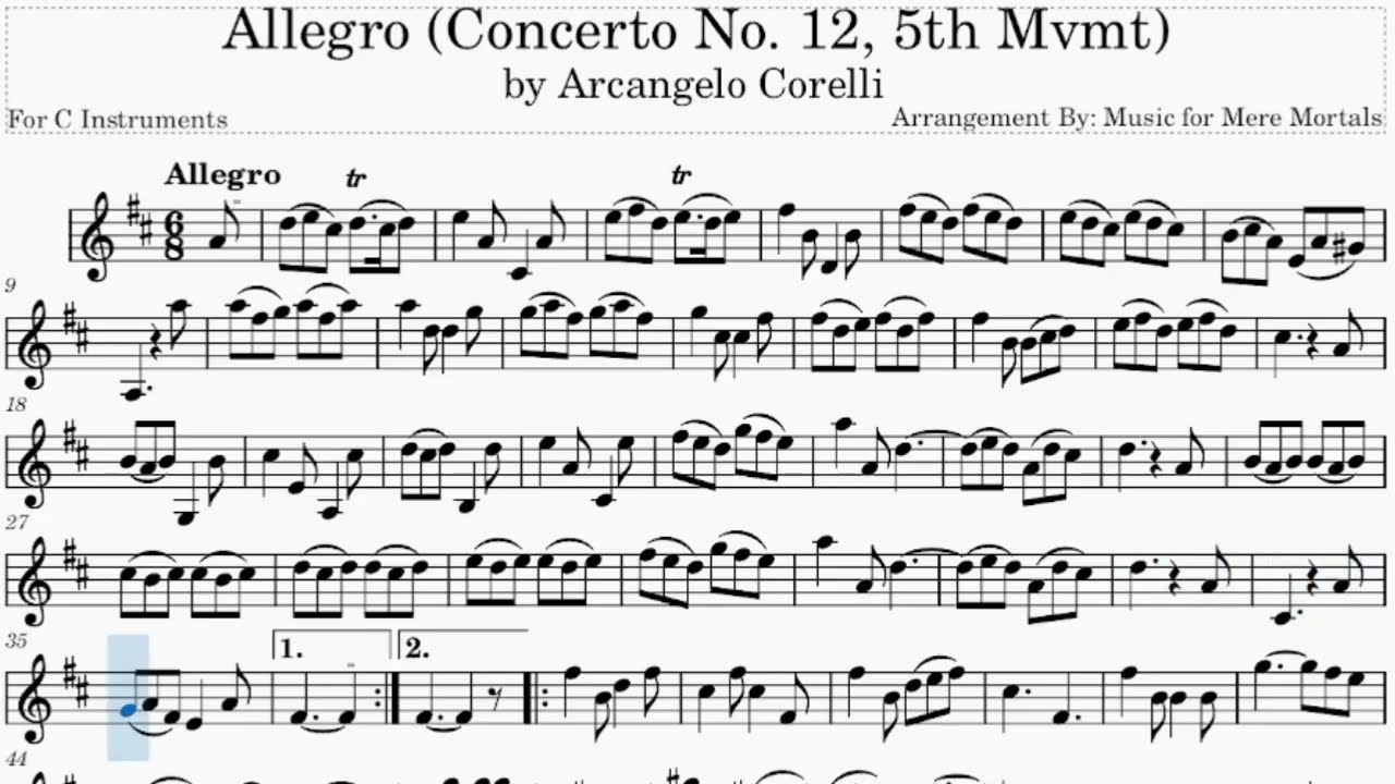 Allegro by Corelli - Classical - Play Along for C Instruments