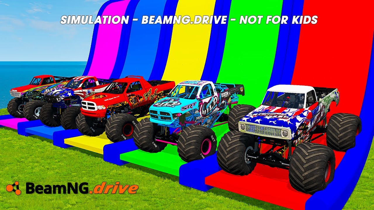 5 MONSTER TRUCKS vs GIANT COLOR WATER SLIDE #003 in BeamNG.Drive