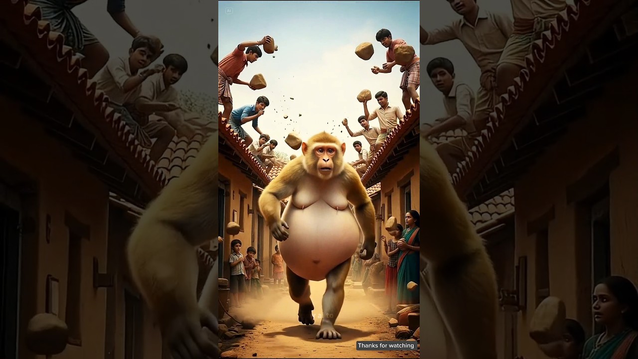 Monkey leaves the village because people used to beat her 😭 #ai #monkey #village #forest