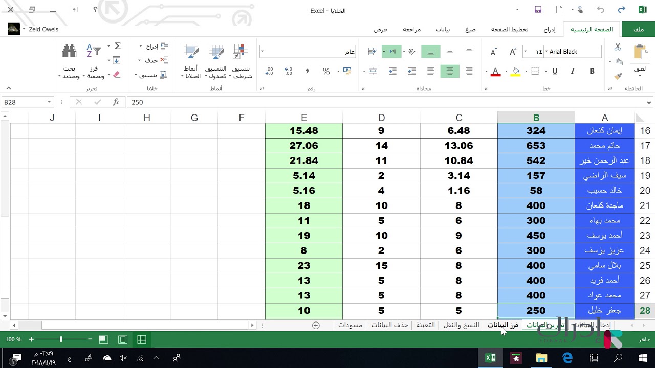 الجداول الالكترونية Excel - تحرير البيانات وفرزها