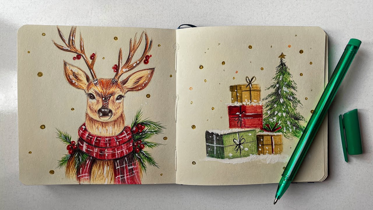 Christmas Drawing with color ballpoint pens 🎄 christmas tree & deer 🦌Relaxing Art (no music)