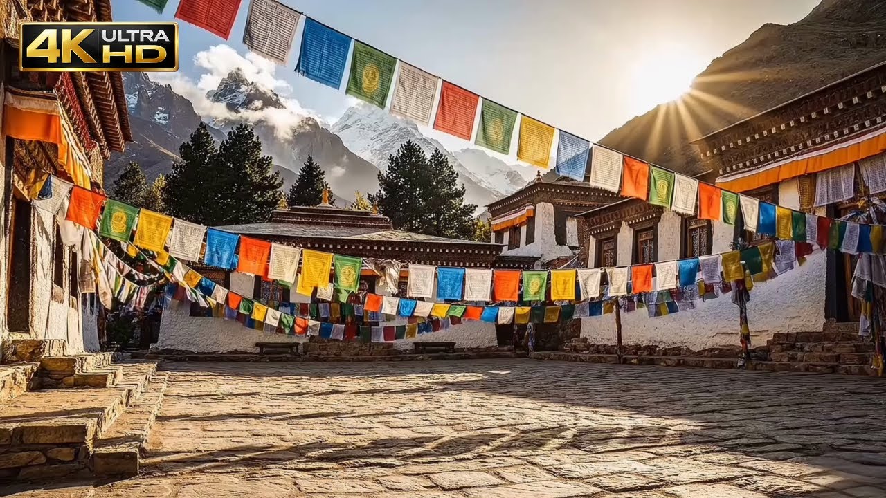 Mountain Monastery at Dawn 🏔️ 10 Hours Tibetan Prayer Flags & Mountain Breeze ASMR | Calm Hours