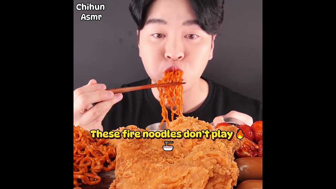 ASMR MUKBANG Fire Noodles with Mini Sausages 🔥🍜