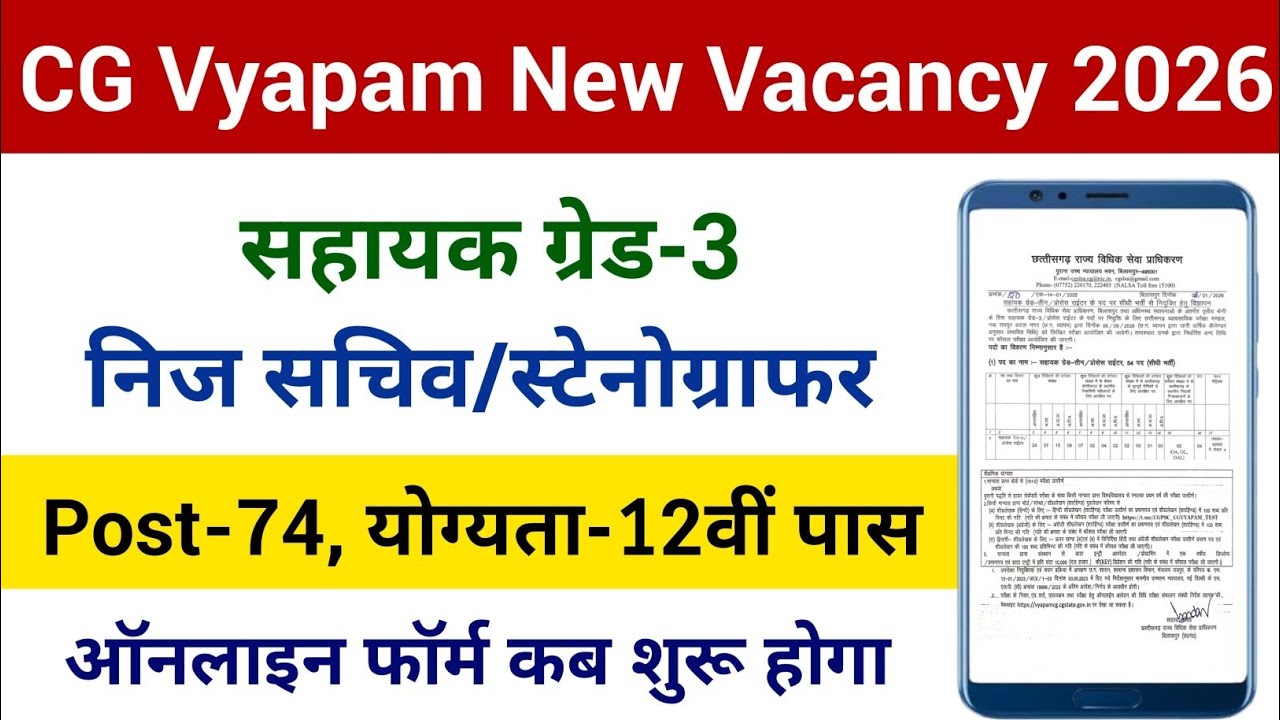 CG Vyapam New Vacancy | स्टेनोग्राफर निज सचिव सहायक ग्रेड-3 विभिन्न पदों पर भर्ती 2026