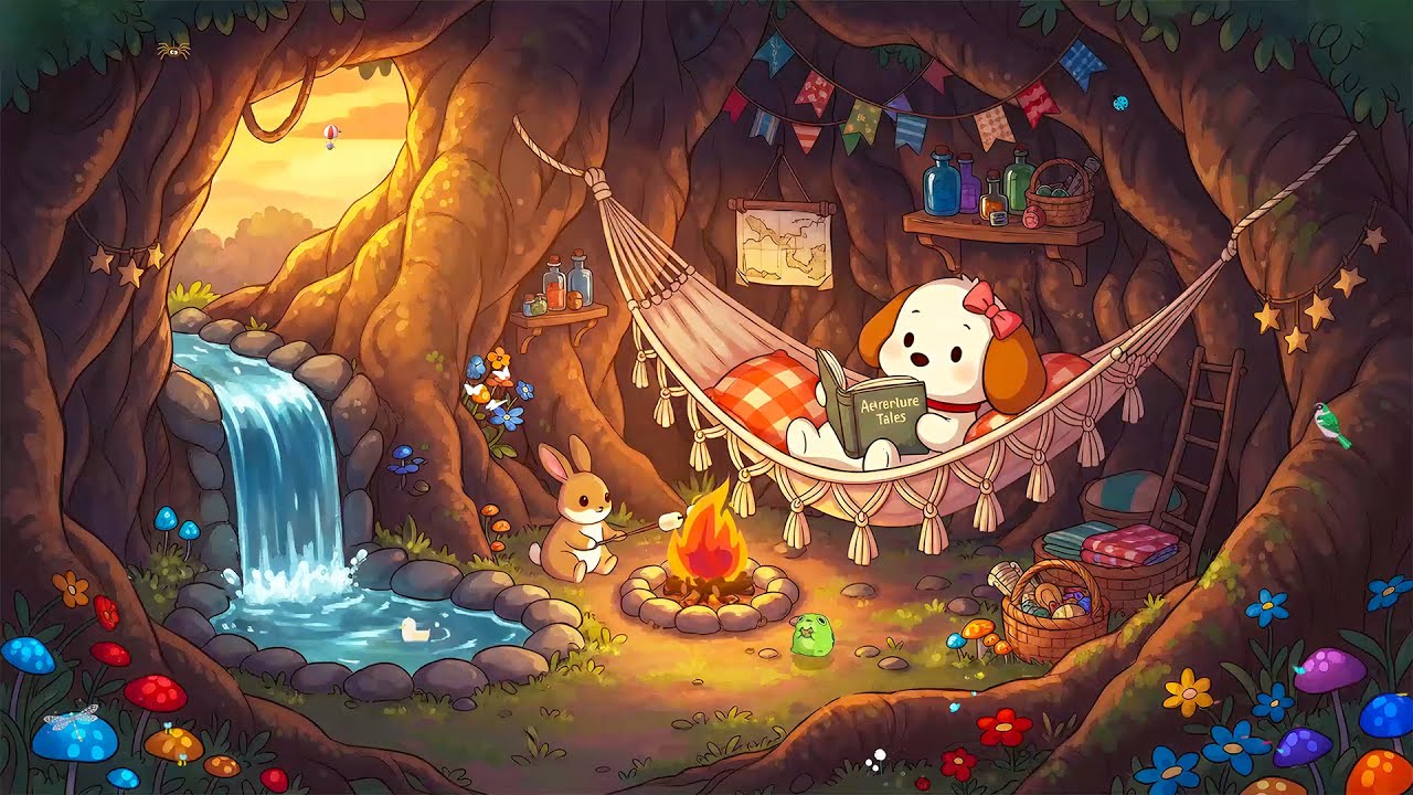 Dreamy Treehouse Vibe 🐶 Lofi Puppy Beats to Study & Rest 🪵 Crackling Fire & Waterfall Sounds