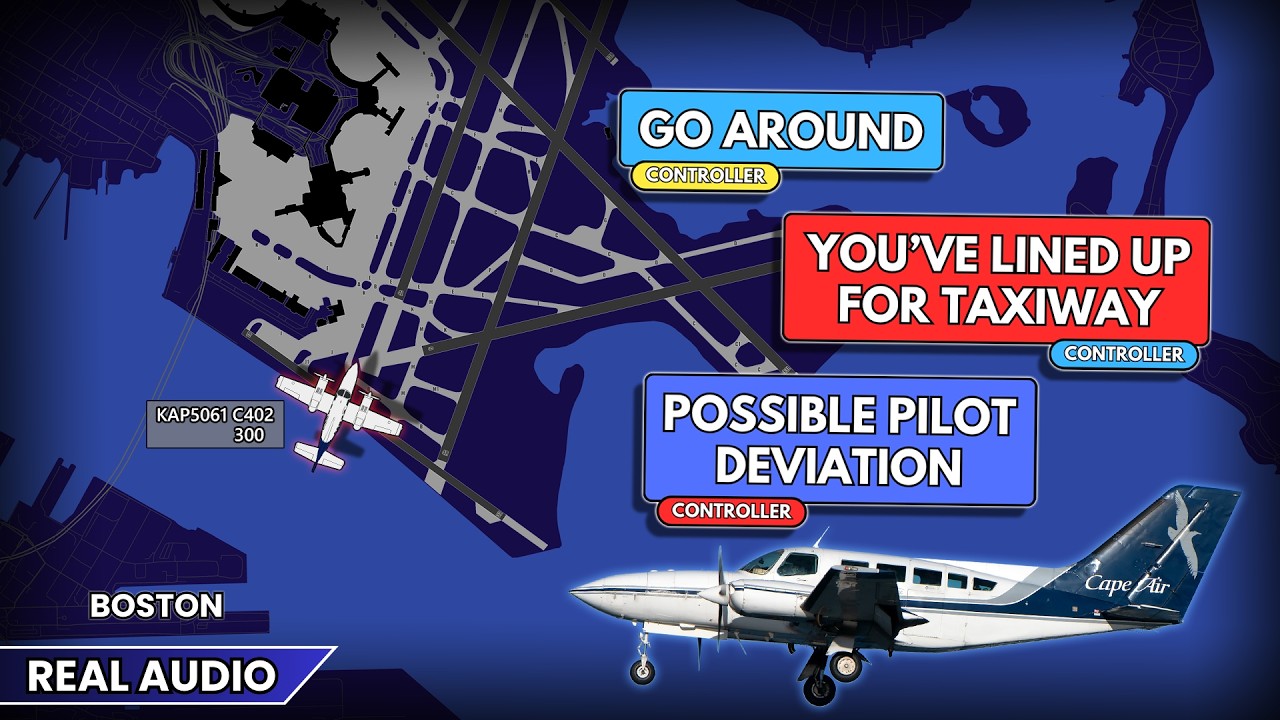 Airplane attempts to land OUTSIDE the Runway at Boston Airport. Real ATC