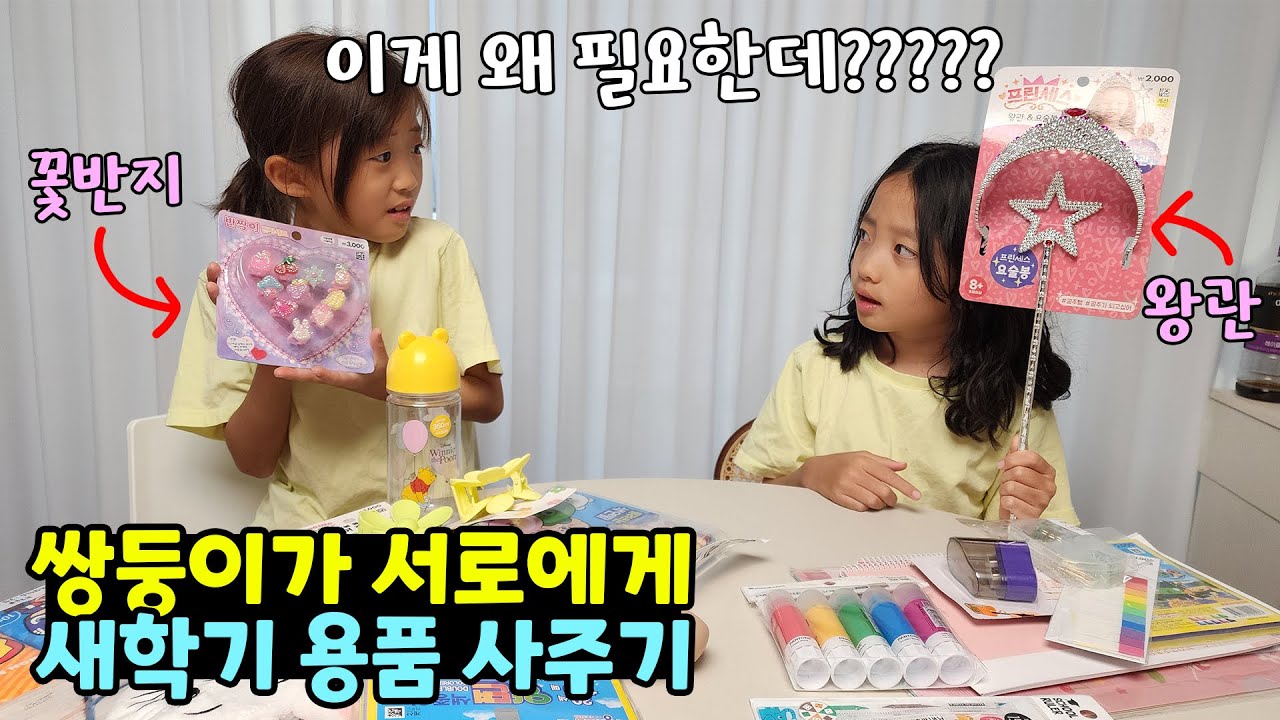 다이소에서 쌍둥이가 서로에게 새학기용품을 10개씩 사줬어요!! 그런데 꽃반지랑 왕관이 왜 필요한건데??? ㅋㅋㅋ 새학기 준비 브이로그 | 뚜아뚜지TV