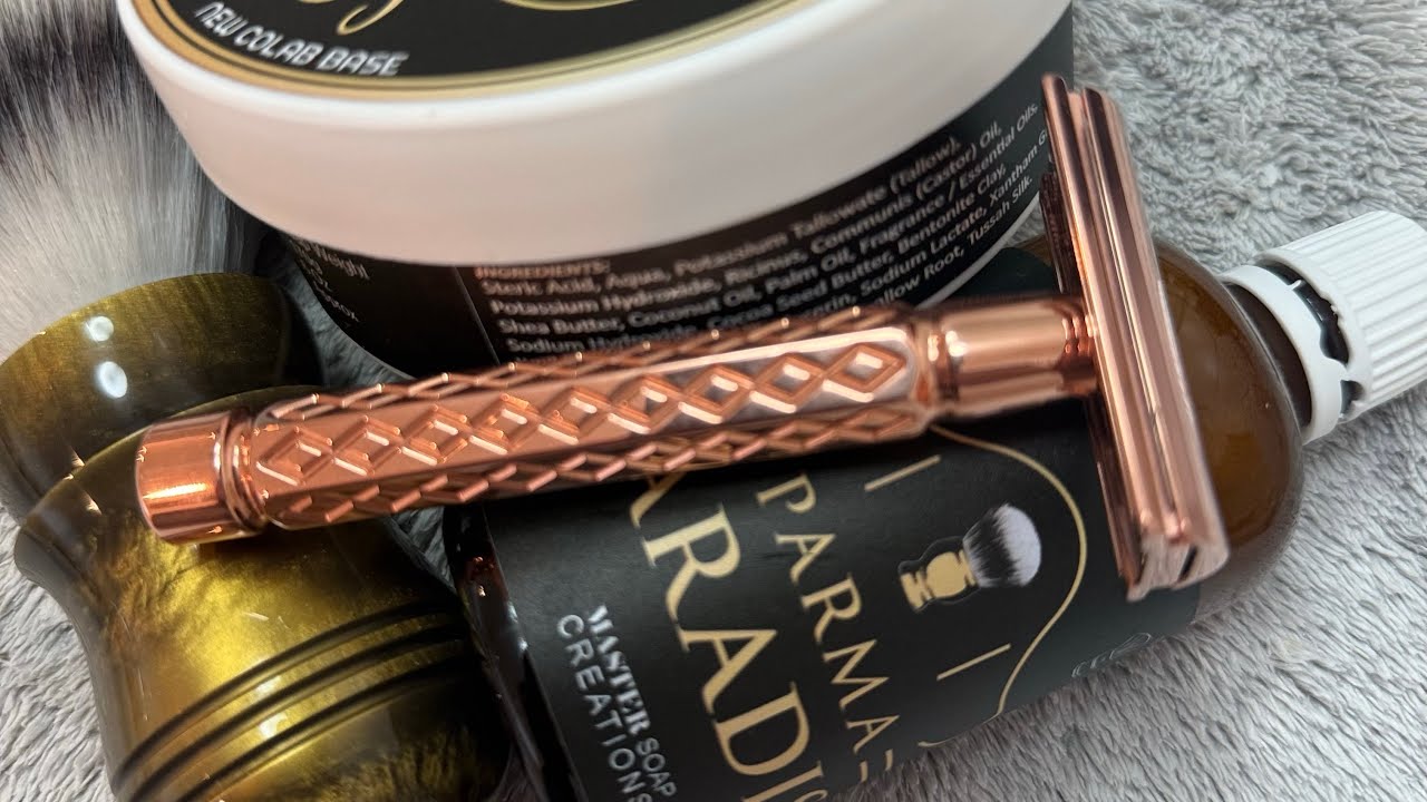 TRC/MSC “Parma Paradise”, DE Paradigm Copper Diamondback razor, Trotter Handcrafts Brush