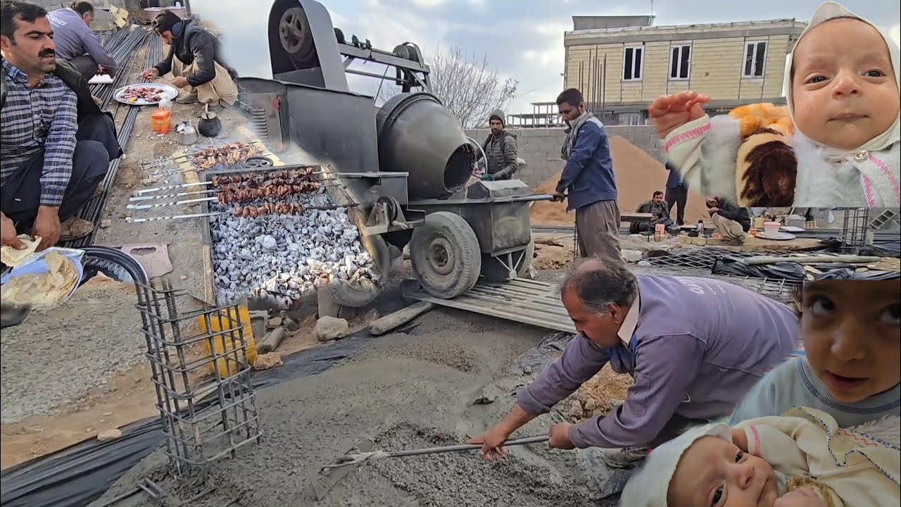 The start of concreting the floor of the new house and the workers having breakfast with Ali present