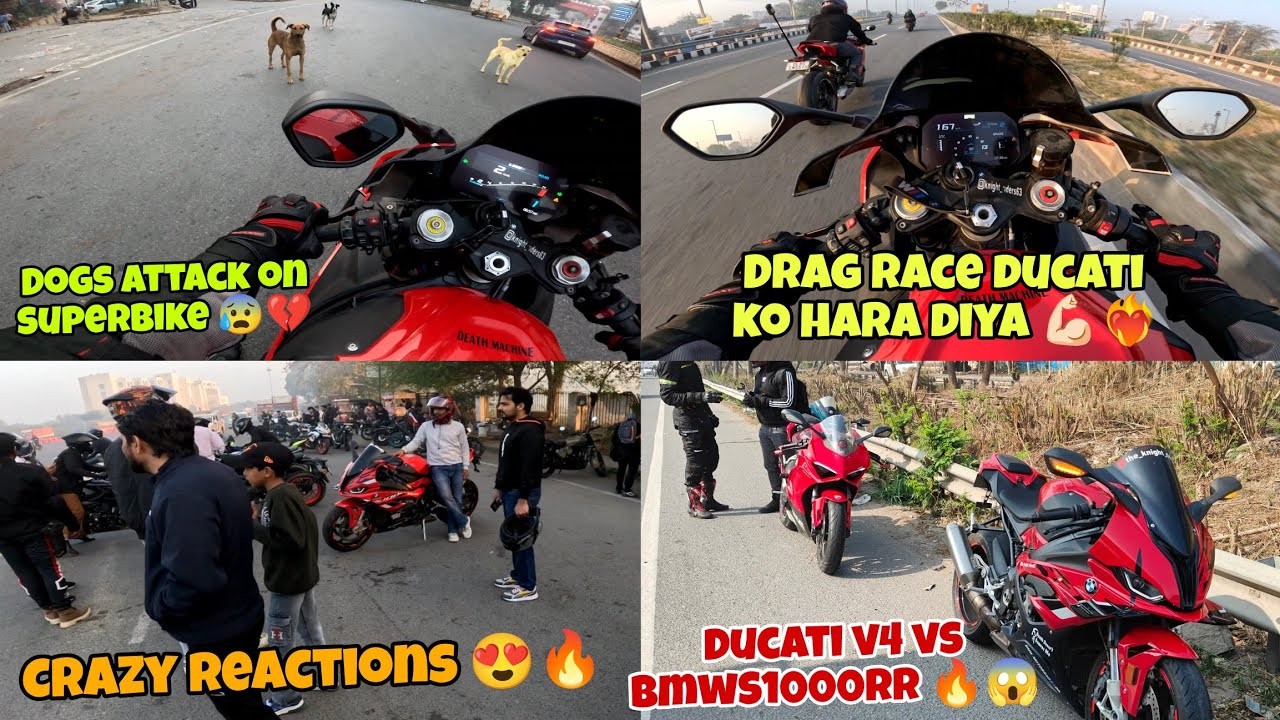 Ducati vs BmwS1000rr drag race🔥💪🏻crazy reactions on superbikes❤️‍🔥😍 dogs attack on me 😰💔