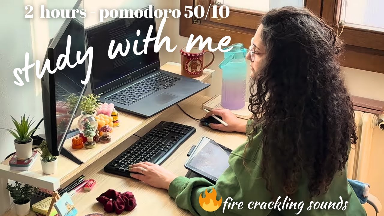 2 HR STUDY WITH ME [pomodoro 50-10] with Fire Crackling Sounds | Morning Study Session, Exam Season🎄