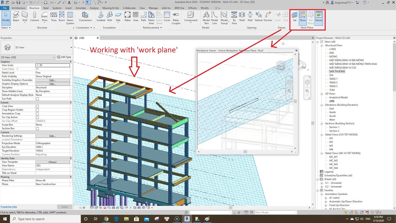 Revit_Working with 'work plane'/ L&agrave;m việc với 'mặt phẳng l&agrave;m việc'.