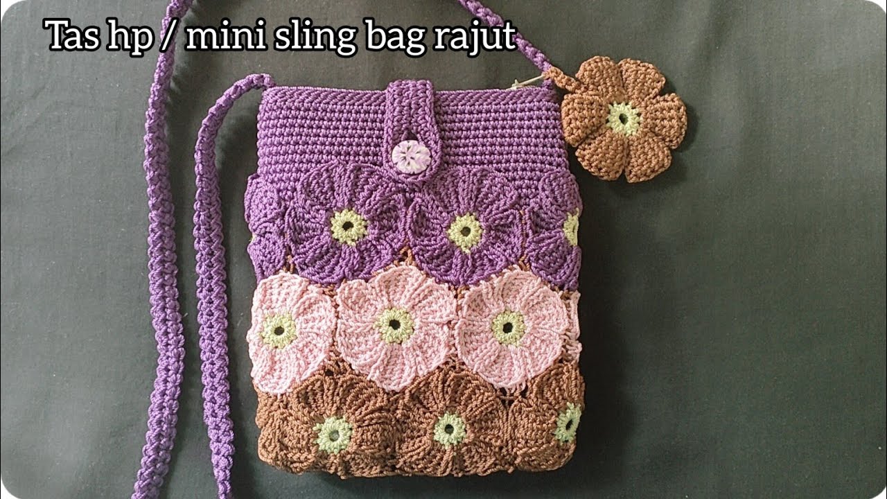 crochet tutorial // tutorial tas hp rajut dari sisa-sisa benang // tas rajut motif bunga