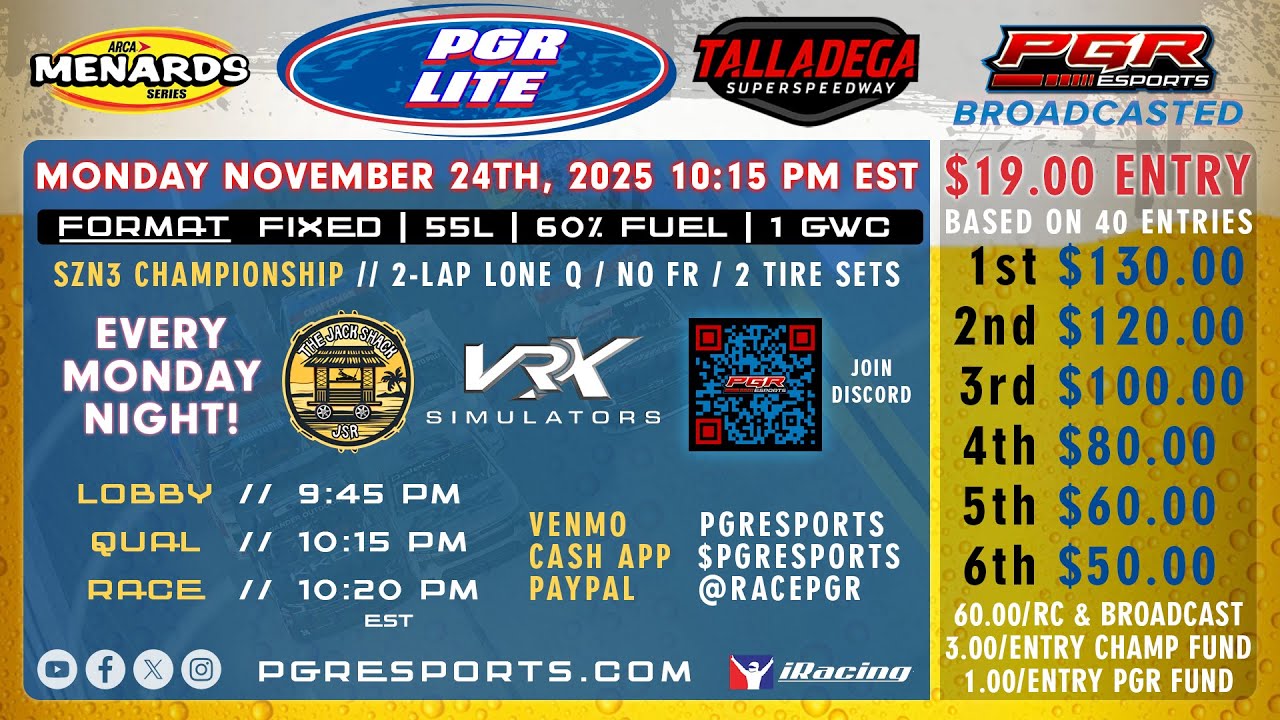 PGR VRX Lite Series | Season 3 Championship | Talladega | ARCA | 11/24/25 | PGR eSports