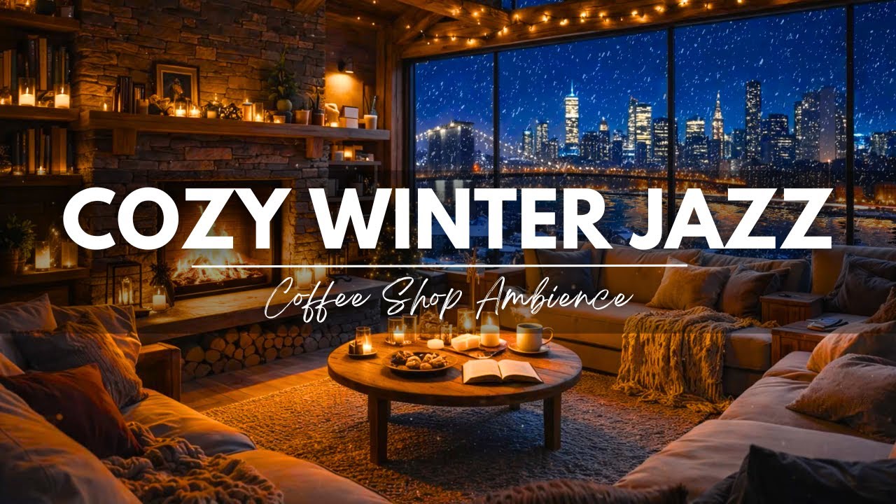 Cozy Winter Coffee Shop Ambience ⛄ Relaxing Instrumental Jazz & Fireplace Sounds to Work