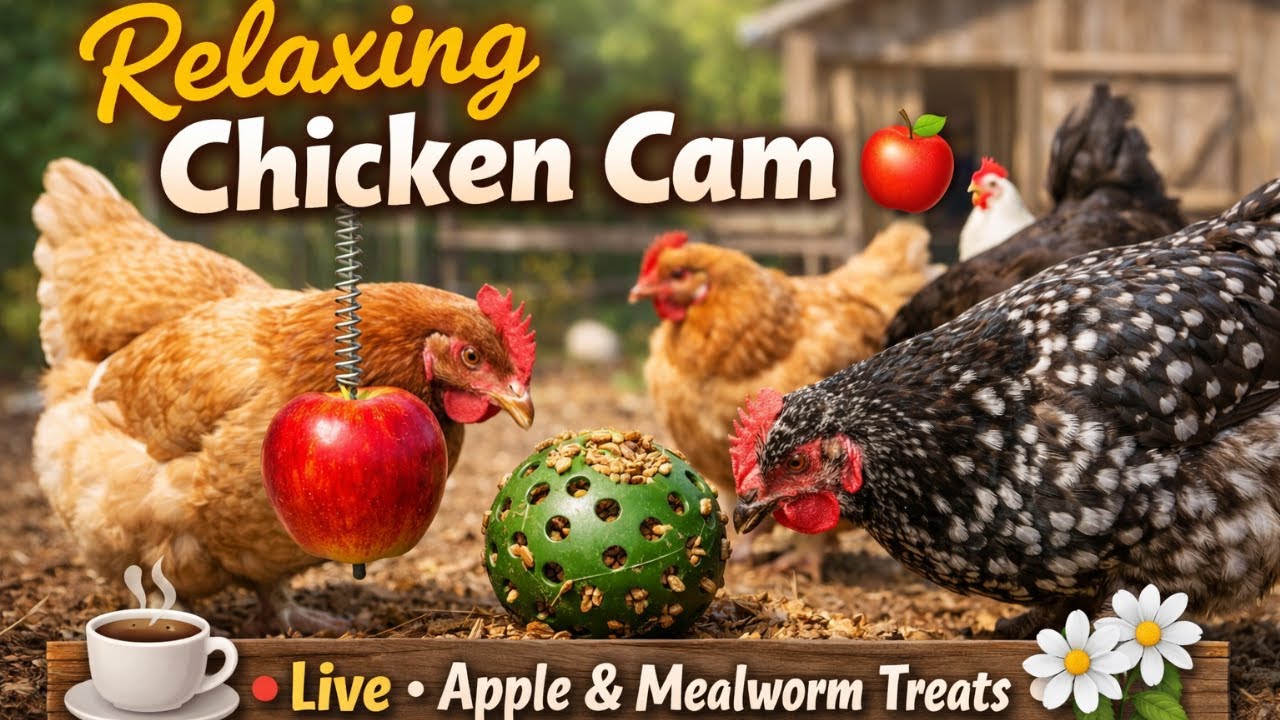 Relaxing Chicken Cam 🐔🍎 Live Flock Enjoying Apple & Mealworms