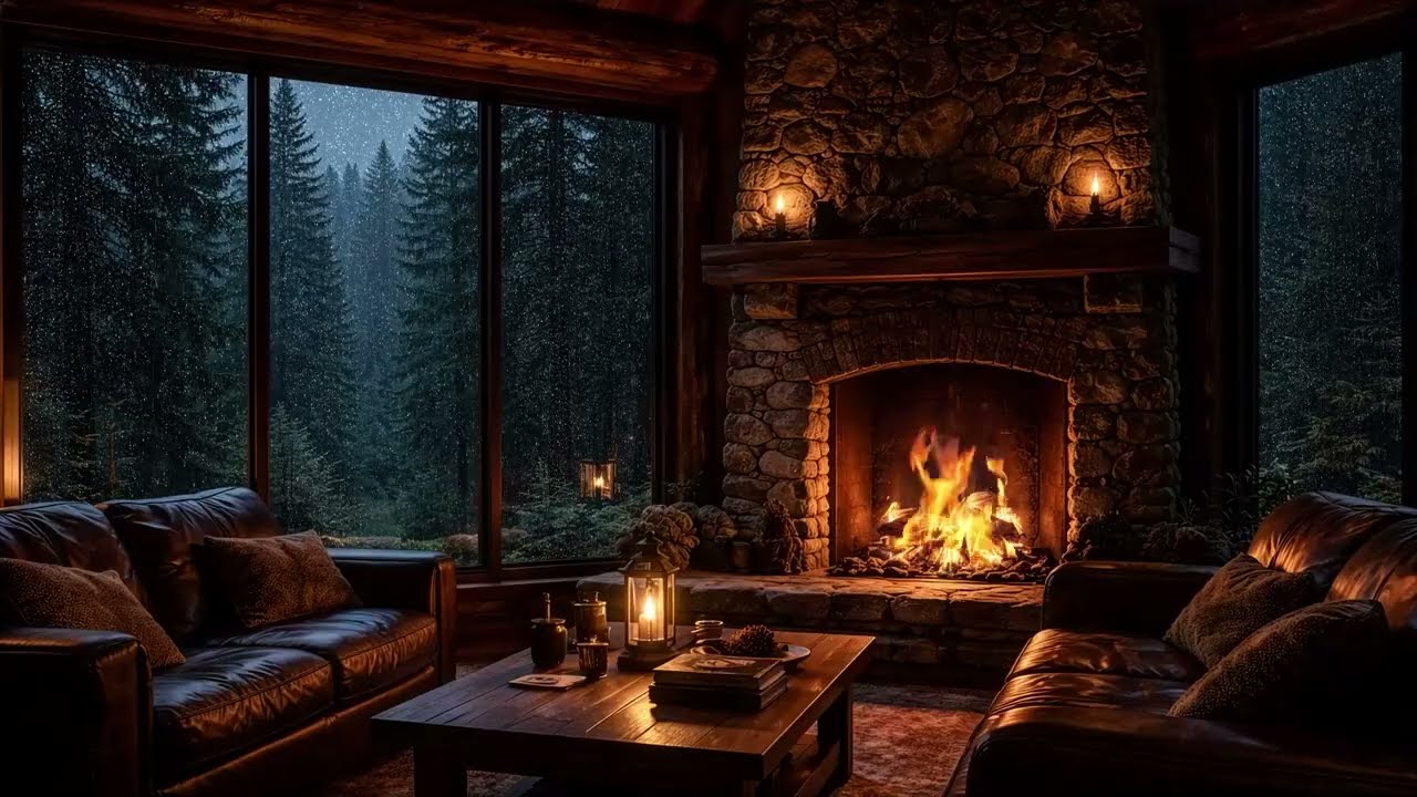 Nighttime Thunderstorm Haven: Warm Room with Fireplace & Calming Rain Sounds