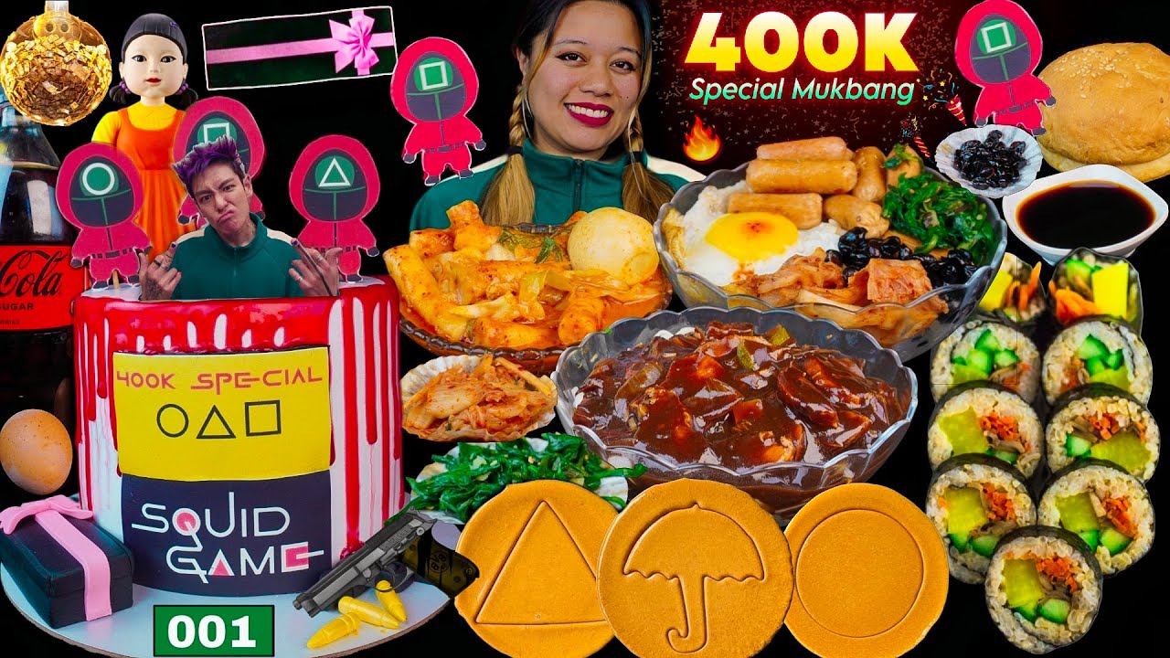 SQUID GAME  MUKBANG! 😍 Special Squid Game Themed Cake, Tteokbokki, Kimbap, Jajangmyeon