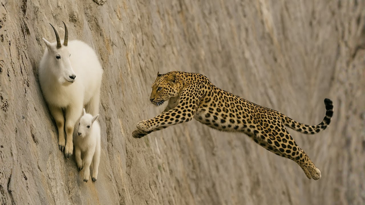 Este leopardo imprudente pagou um pre&ccedil;o alto por atacar esta cabra montesa e seu filhote!