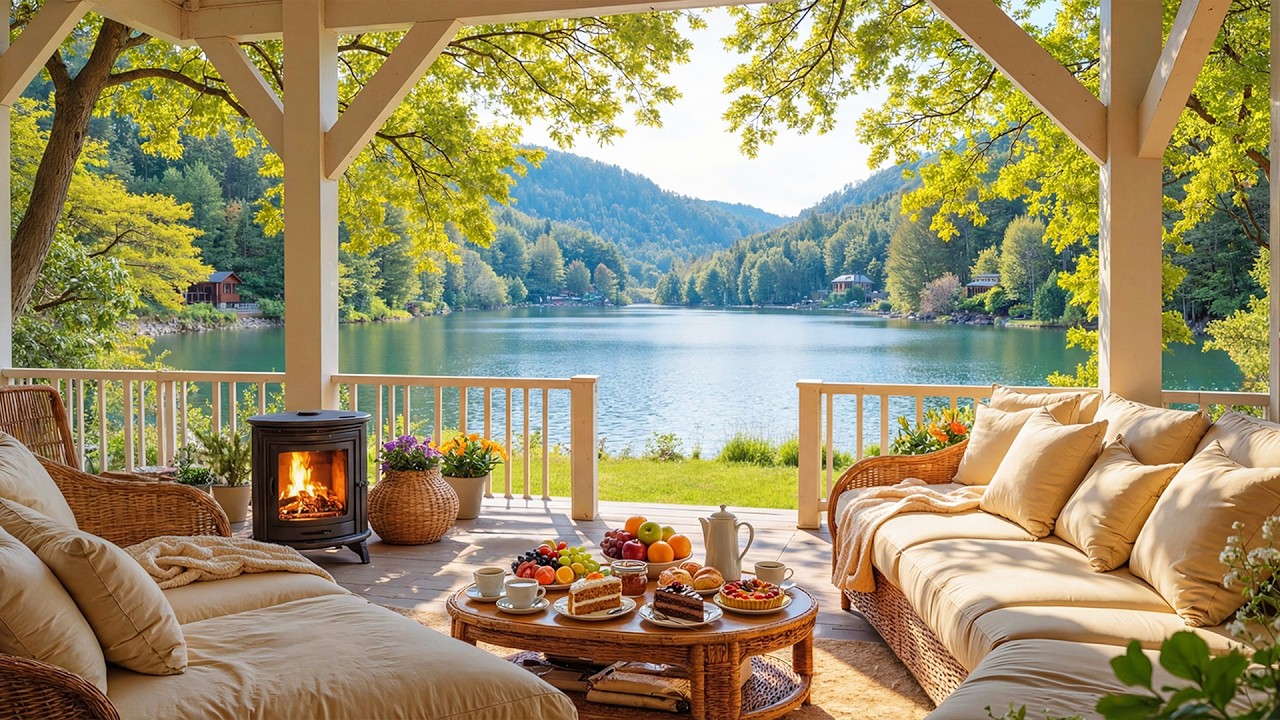 Cozy Spring Porch Ambience 🌿 | Relaxing Piano Music, Crackling Fireplace for Stress Relief