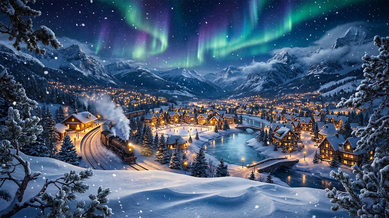 9 Hours of Cozy Winter Village Ambience ❄️ Snow, Distant Train & Northern Lights