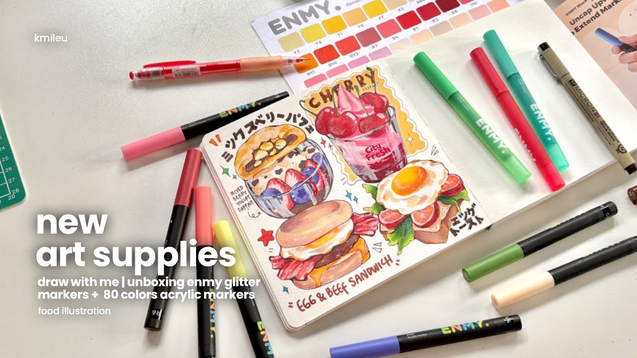 ˚ new art supplies - unboxing enmy glitter + 80 colors acrylic markers | food illustration˚ &lsquo;