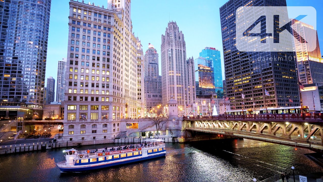 Chicago Tour at NIGHT -  Travel to East Wacker Dr and State St  - Stunning Light [4K]
