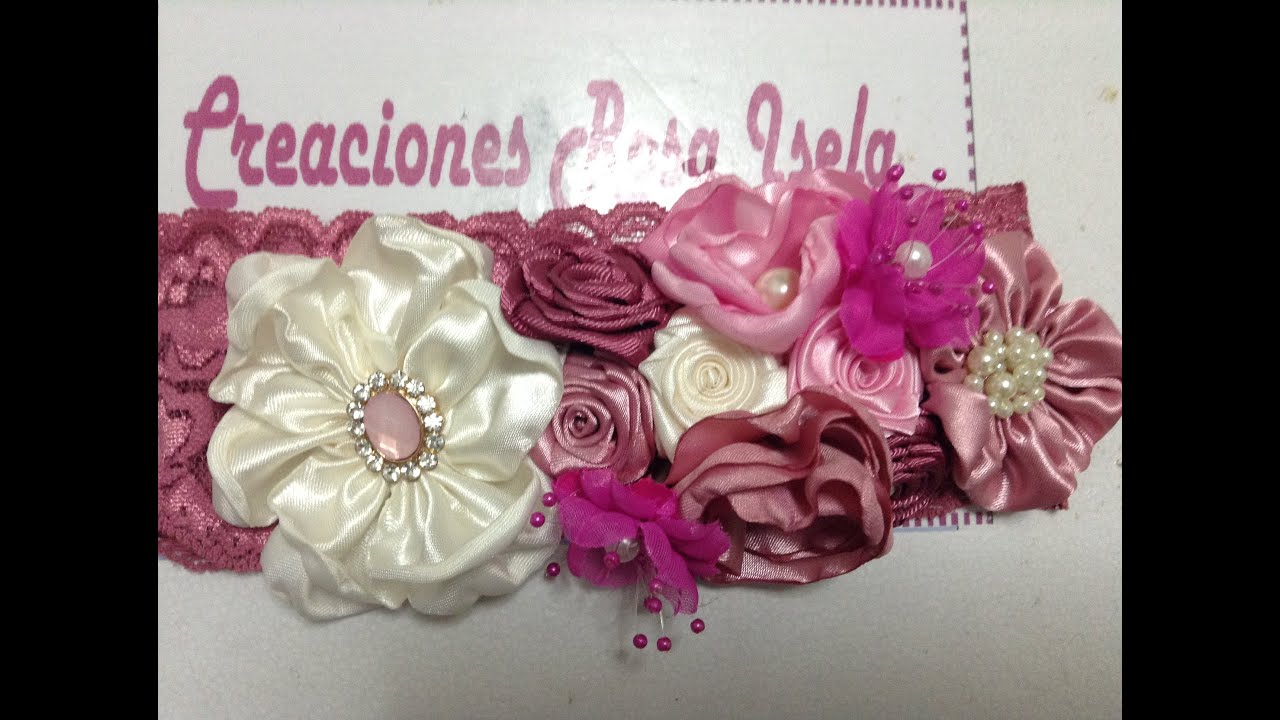 Tiara de flores de tela tonos rosa y beich con perlas  VIDEO No. 181