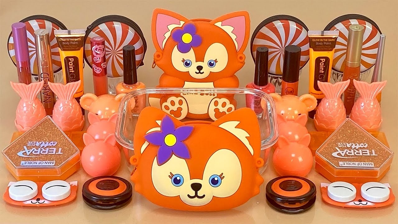 ORANGE SLIME 🧡 Mixing makeup and glitter into Clear Slime. Satisfying Slime Videos 1080p.