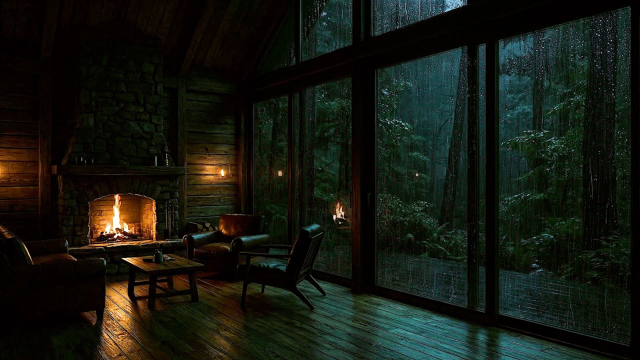 LIVE Rainy Forest Cabin 🌧️ Fireplace & Rain on Window for Deep Sleep | Cozy Night Ambience (No Ads)