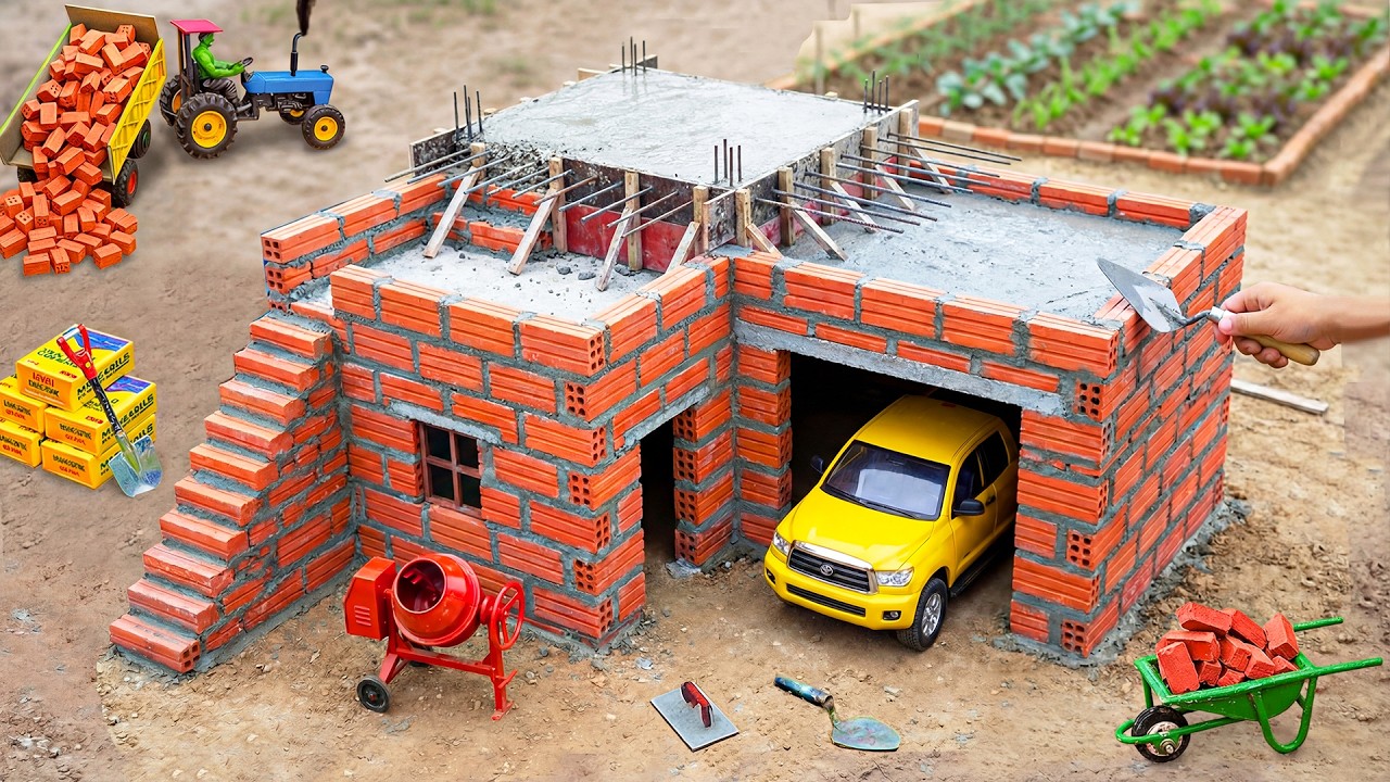 Secret Garage Mini Brick House Build With Concrete Roof | Ultimate Construction Science Project