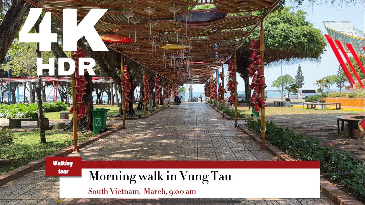 Morning walking tour in Vung Tau, Vietnam | Beautiful embankment and three Buddhist temples | 4K HDR