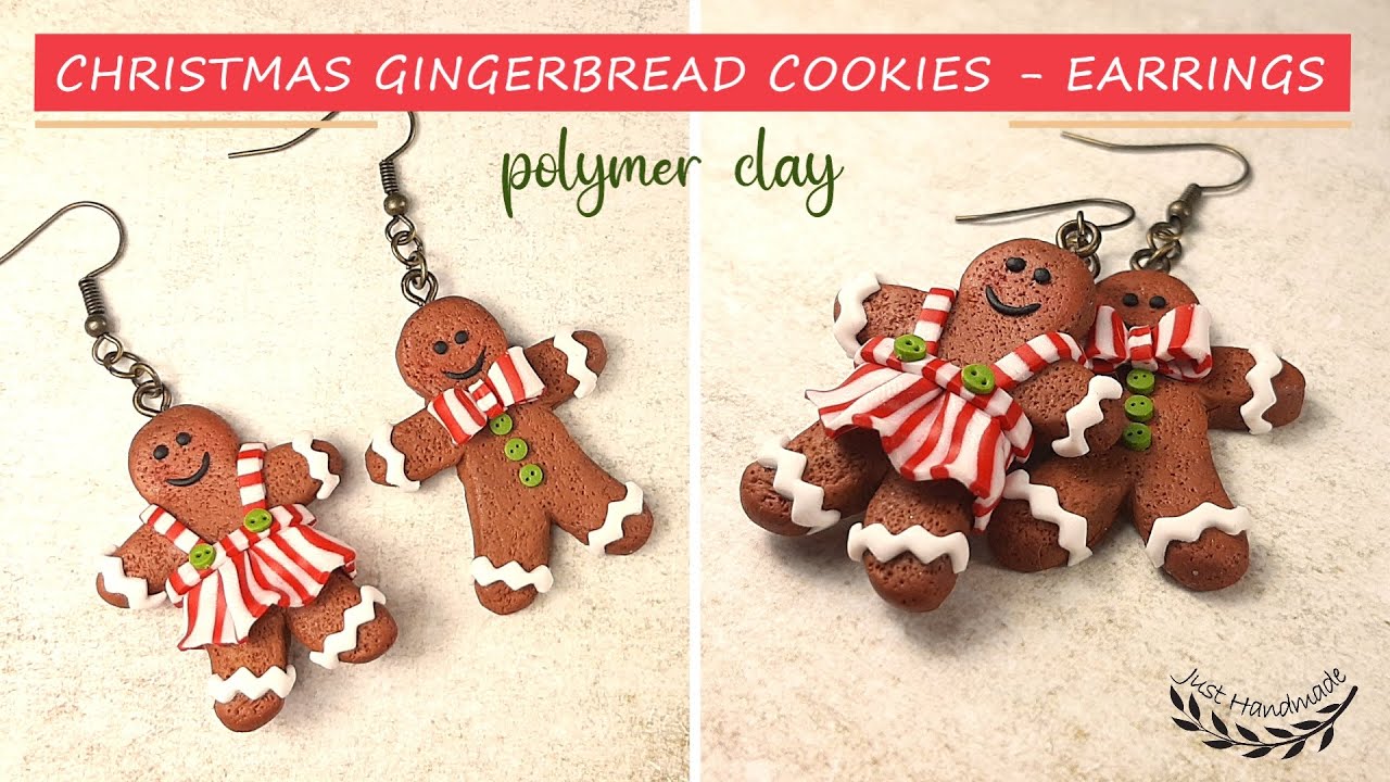 ~JustHandmade~ Easy to make polymer clay Christmas GINGERBREAD COOKIES earrings - tutorial / DIY