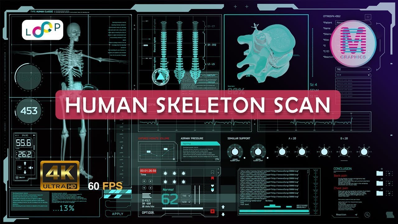 4K Sci-Fi HUD Animation: Human Skeleton Scan | Futuristic Medical Display (60FPS) – Loopable