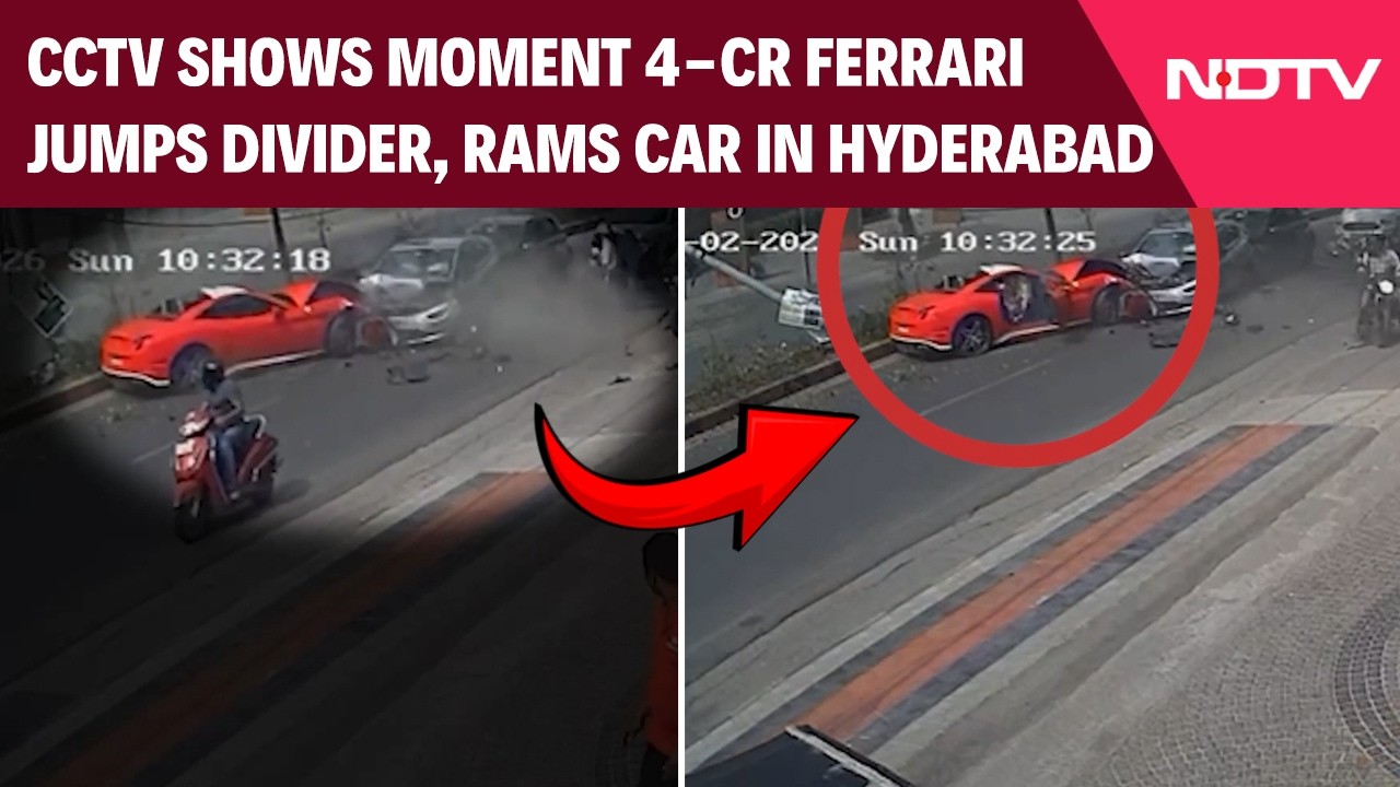 Hyderabad News | CCTV Shows Moment 4-Crore Ferrari Jumps Divider, Rams Car In Hyderabad