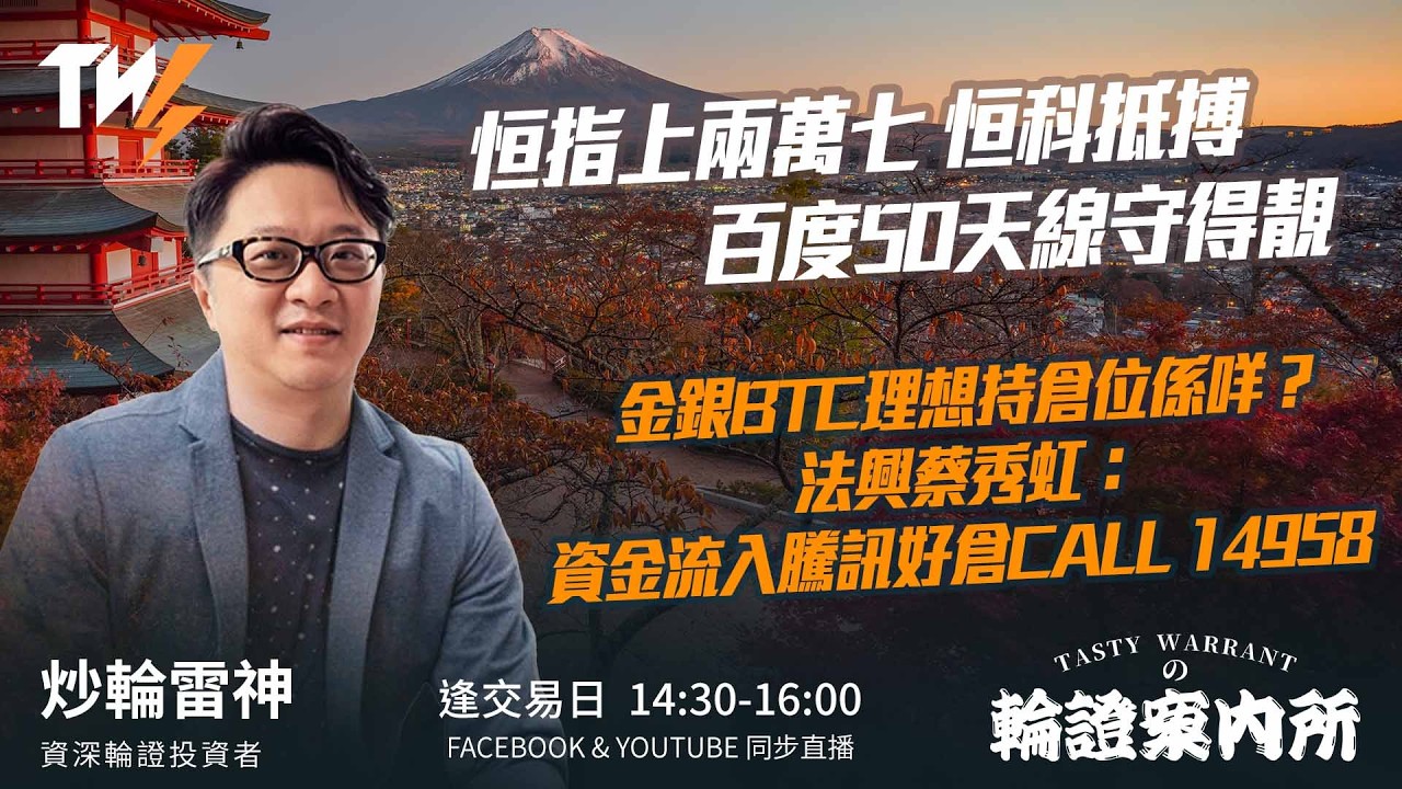 恒指上兩萬七 恒科抵搏 百度50天線守得靚 金銀BTC仍然睇好嗎？理想持倉位係咩？ ｜雷神 Wingyu｜Tasty Warrants 2026-02-09