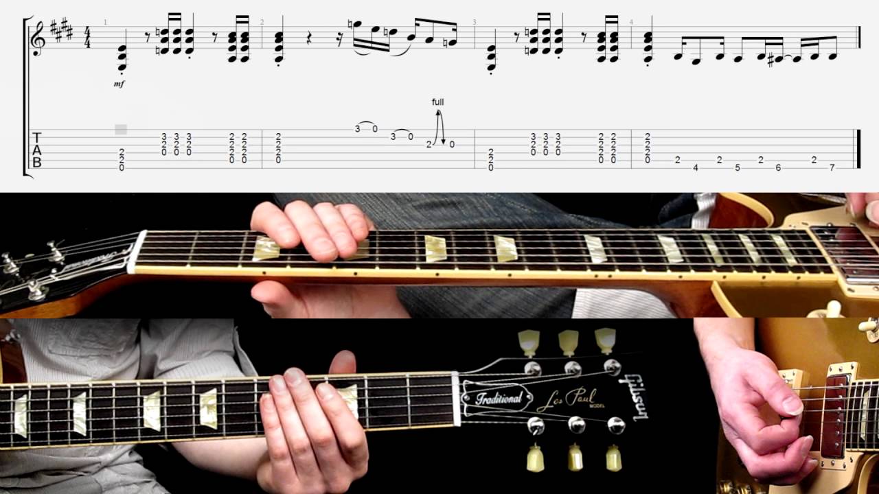 'Back in Black' intro guitar riff, played at different speeds (with score and TAB)