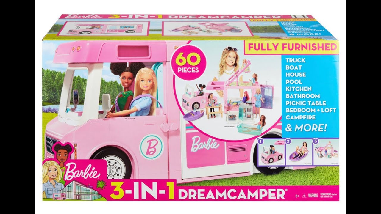 UNBOXING Barbie 3-in-1 DREAMCAMPER RV VAN Mattel TOYS boat kitchen bathroom CHELSEA Puppy Chase POOL