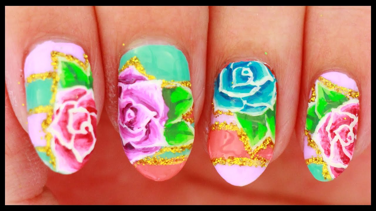 Roses on Colorful Pastels nail art