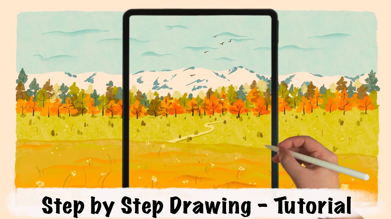 Autumn Scene in Water Color iPad Procreate Drawing - Step by Step Drawing Tutorial