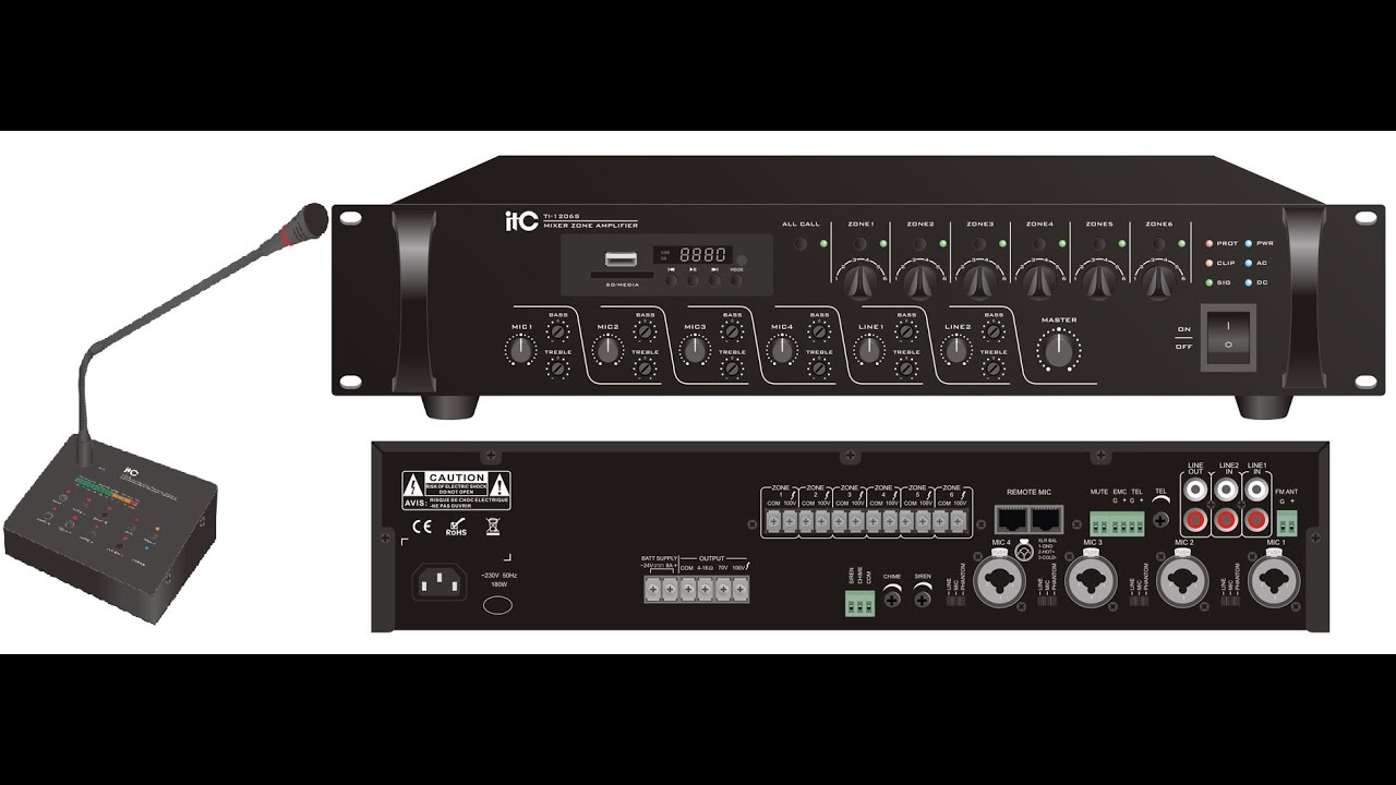ITC 6 Zone Mixer Amplifier TI-3506S Connection and connectivity with 6 Zone call Station T-216