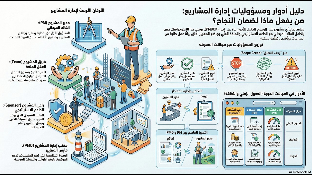 أدوار إدارة المشاريع: من المسؤول عن كل مهمة؟ | دليل PM – الفريق – Sponsor – PMO