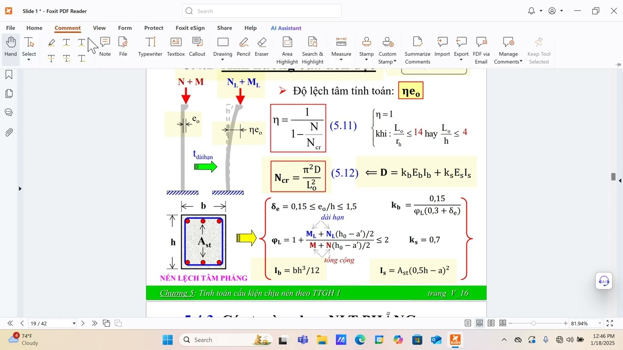 Tính cốt thép đối xứng trong cột chịu nén lệch tâm. Bê tông 1. TCVN 5574:2018