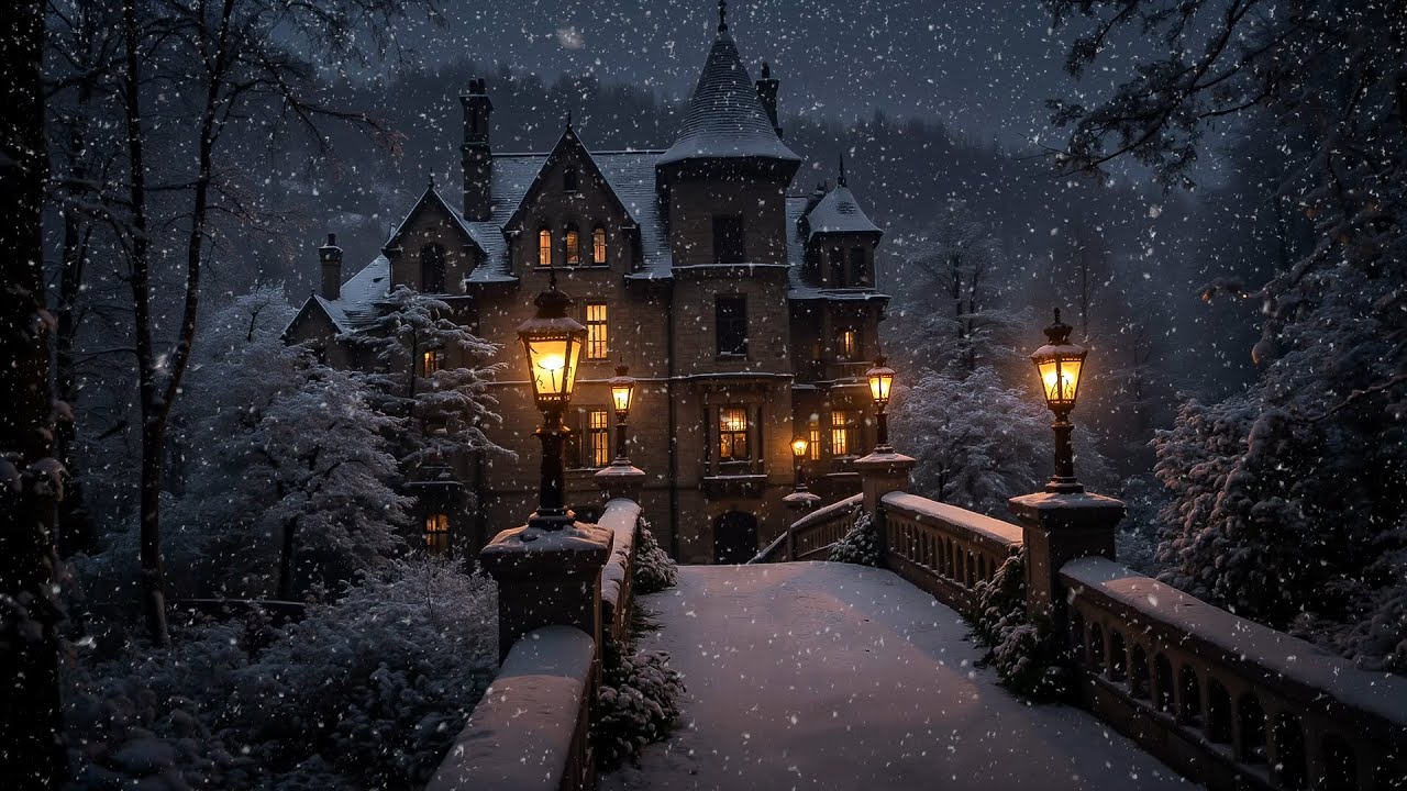 Crossing the Snowy Bridge to a Gothic Manor | Winter Dark Academia Ambience for Calm, Study & Work